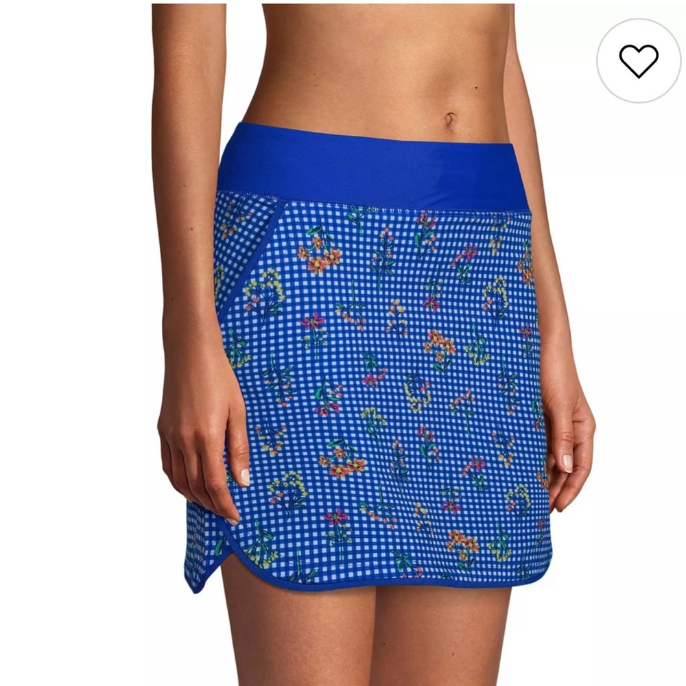 Lands' End Quick Dry Active Swim Skort Blue White Botanical Floral Check Sz 14